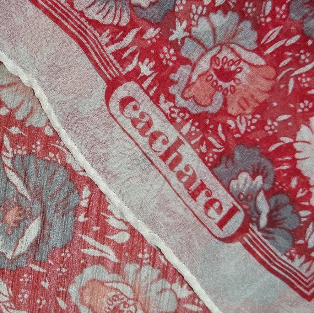 Vintage Cacharel Floral Silk Scarf in Coral Red and Gray